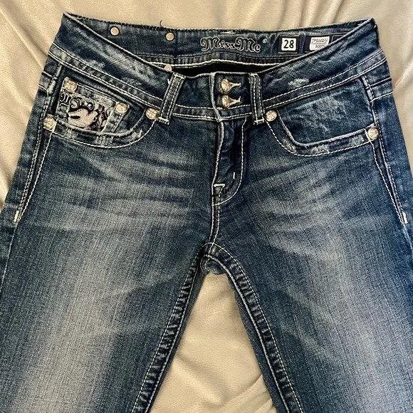 Miss Me Blue Boot Cut Jeans with Distressed Details - Picture 1 of 8